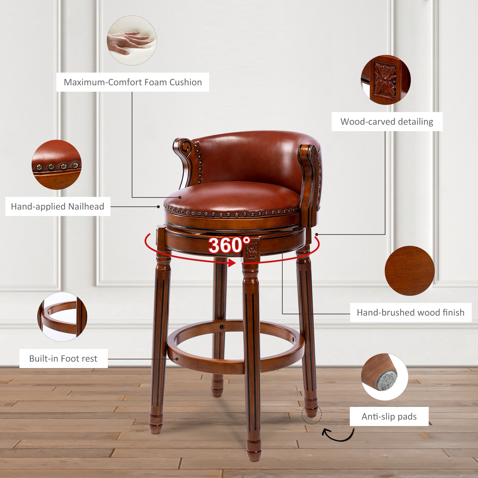 Seat height 29.5'' Cow top Leather Wooden Bar Stools, 360 Degree Swivel Bar Height Chair with Backs for Home Kitchen Counter